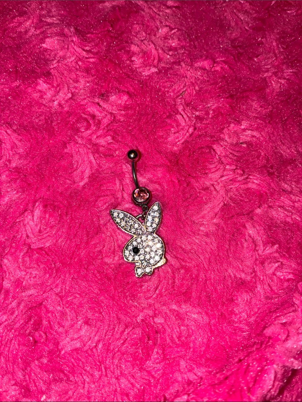 Rhinestone Playboy Bunny Logo Belly Ring - Pink Crystal Accent